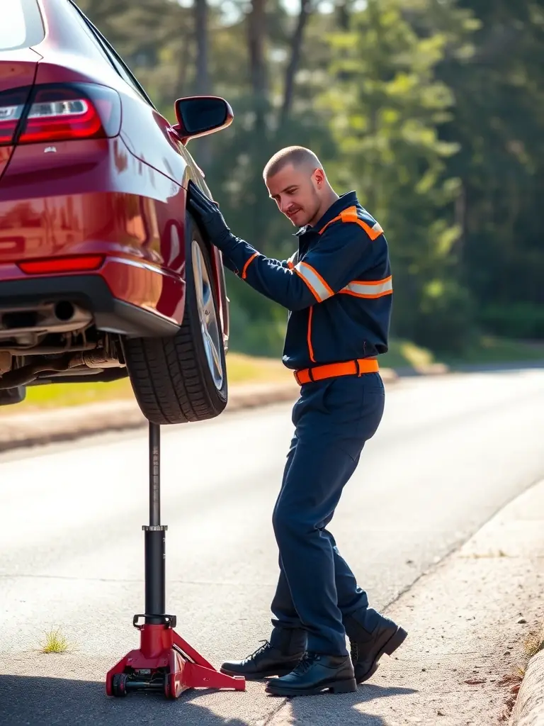 A roadside assistance technician from Aable Wrecker Inc changing a flat tire on a passenger vehicle on the side of a road.